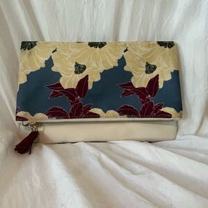 Rachel Pally Women's Floral Cream Blue Tassel Zip Closure Fold-Over Clutch Bag